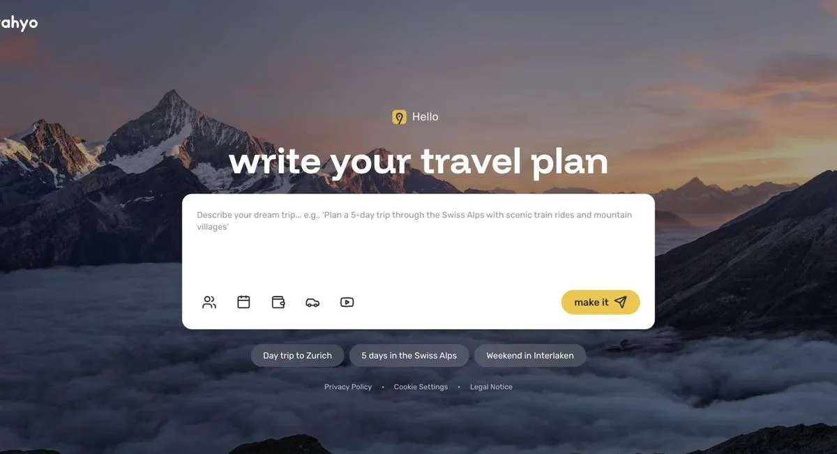 Vahyo travel planner homepage